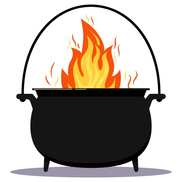 Hierro negro olla de cocción vacía con ilustración de vectores de dibujos animados de diseño plano de fuego. símbolo de Halloween vacaciones . — Vector de stock