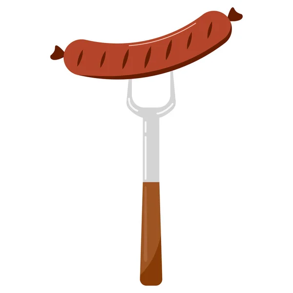 Vector illustration of food flat design hot sausage on a fork icon isolated on white background. — Stock Vector