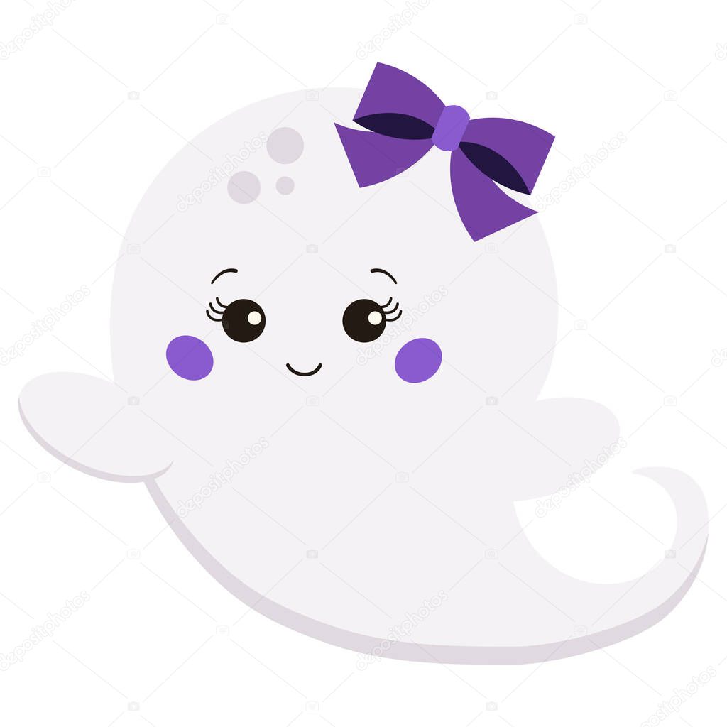 Vector illustration flat design kawaii cute sweet cartoon baby girl with bow ghost isolated on white background.