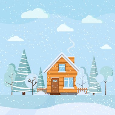 Düz dizayn, ahşap kır evi, baca, karlı tarlalar, kış ağaçları, çim ağaçları, bulutlar, çizgi film tarzında kar yağışı olan güzel bir kış manzarası. Noel vektörü arkaplan illüstrasyonu.