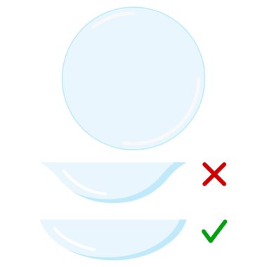 Temas lensleri ayarlandı - beyaz arkaplan üzerinde izole edilmiş ön, doğru ve yanlış konum, doğru görüş için tıbbi cihazların düz tasarım karikatür tarzı vektör ilülasyonu.