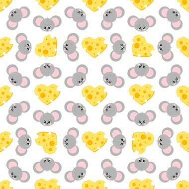 Şirin fare yüzleri ve beyaz arka planda renksiz kalp şekilli peynir şekilleri. Komik hayvan karakteri baskısı. Sonsuz doku. Örnek çocuk çizgi film geçmişi. Vektör düz resimleme.