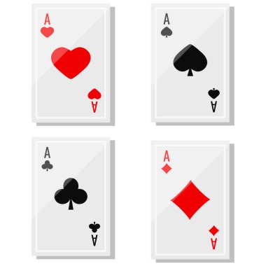 Ace beyaz arkaplanda izole edilmiş gölgeler ile kart simgeleri vektörü ayarlandı. İskambil oynayan dört eski as koleksiyonu kalplere, maça, elmaslara, sopalara uyuyor. Düz çizgi film biçimi illüstrasyonu.