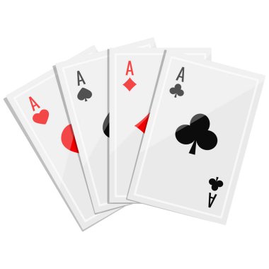Beyaz arka planda izole edilmiş gölgeleri olan dört çeşit poker ikonu vektör çizimi. İskambil oynayan Guadlar kalplere, maça, elmaslara, sopalara uyuyor. Düz çizgi film biçimi illüstrasyonu.
