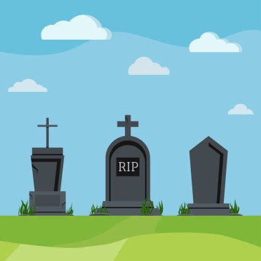 Gri RIP mezar taşları yaz manzarası arka planında. Kokain mezarlığı günü sahnesi olan başka bir mezar taşı. Vektör düz tasarım karikatür stili manzara çizimi.