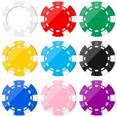 Poker renkli çip simgeleri beyaz arkaplanda izole edildi - beyaz, kırmızı, yeşil, sarı, mavi, siyah, pembe, mor. Kumarhane çipleri renkli şablonlar. Vektör düz tasarım çizgi film biçimi illüstrasyonu.
