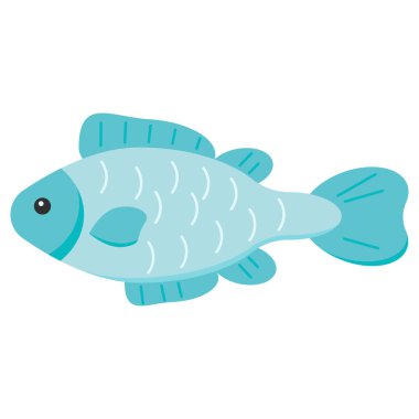 Beyaz arka planda izole edilmiş şirin balık düz tasarım siluet simgesi. Tasarımınız için renkli karikatür akvaryumu, nehir, deniz mavisi balık çizimi.