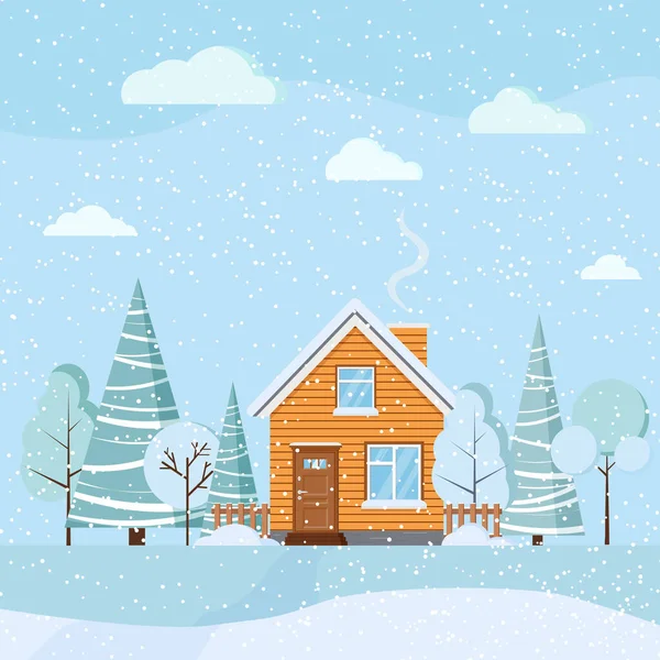 冬の木 スプルース 漫画のスタイルで雪と木製の農村部の家とフラットデザイン青美しい冬の風景 クリスマスベクトルの背景イラスト — ストックベクタ