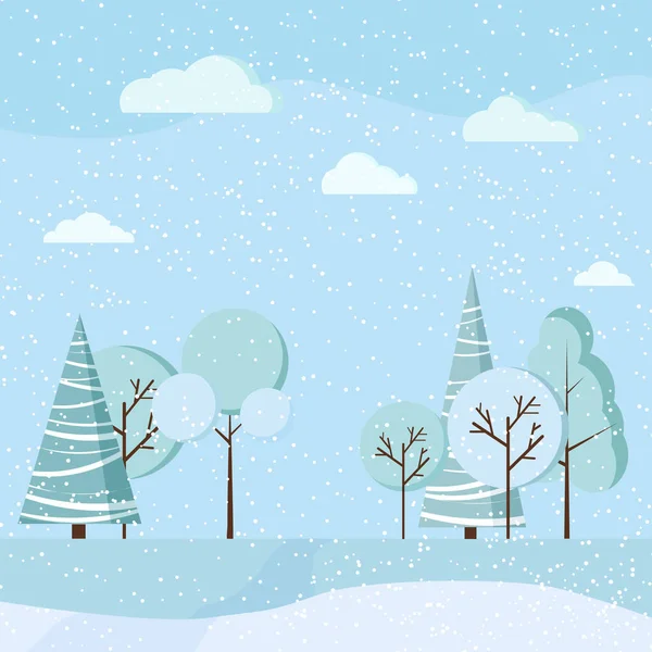 Platte Ontwerp Winter Landschap Achtergrond Met Blauwe Bomen Sparren Velden — Stockvector