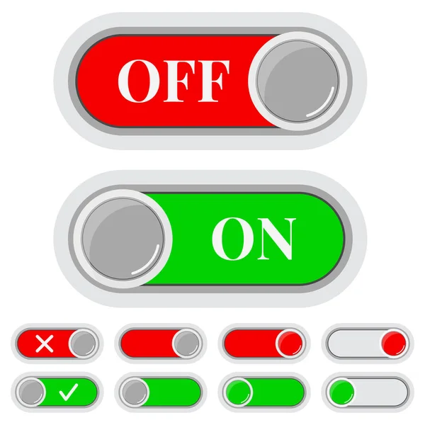 Aan Uit Schakelaars Pictogram Schuifregelaars Set Geïsoleerd Witte Achtergrond Vlakke — Stockvector