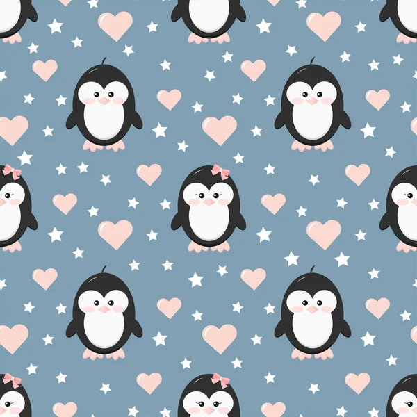 Пара Пінгвінів Дівчинка Закохані Безшовний Візерунок Рожевими Серцями Зірки Синьому — стоковий вектор