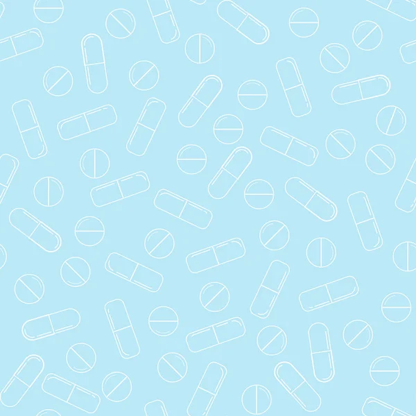 İlaç hapları pürüzsüz. Beyaz çizgi sanat vektörü farklı daire hapları ve mavi arka plandaki kapsüller. Web, kapaklar, dekorasyon, ilaç baskısı tasarımı için sonsuz doku.