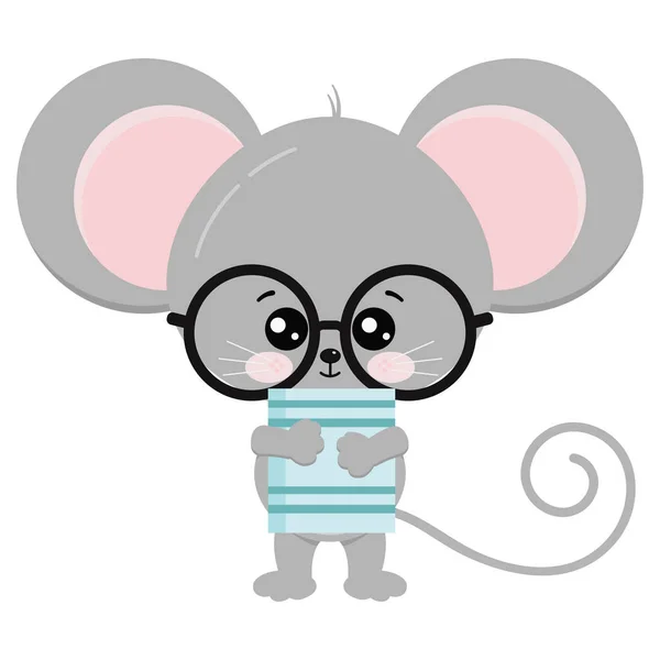 Cute Mouse Stand Glasses Book Paws Vector Icon Illustration Funny — Stock Vector