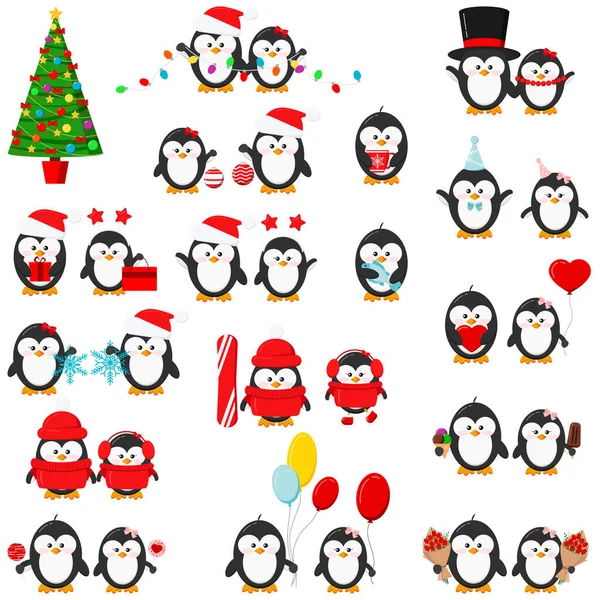 Aranyos Pingvin Fiú Lány Készlet Elszigetelt Fehér Háttér Piros Karácsonyi — Stock Vector