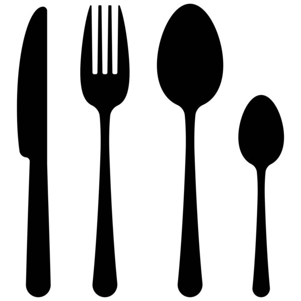 Black cutlery flat simple design icon set isolated on white background. Top view dark silhuette tableware - spoon, fork, knife, tea spoon shapes. Vector kitchenware symbol illustration.