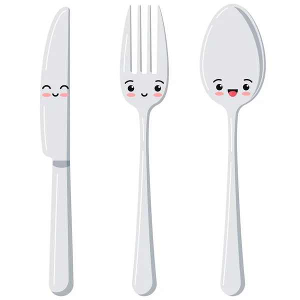 Mignon Couverts Emoji Plat Icône Conception Mis Isolé Sur Fond — Image vectorielle