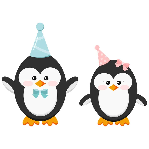 Söt Födelsedagskalas Pingvin Pojke Och Flicka Par Som Isolerad Vit — Stock vektor