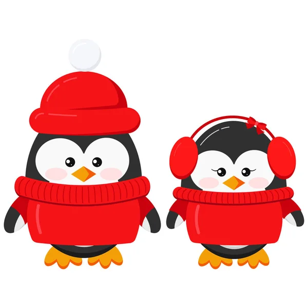 Söt Pingvin Pojke Och Flicka Par Som Varma Vinterkläder Röd — Stock vektor