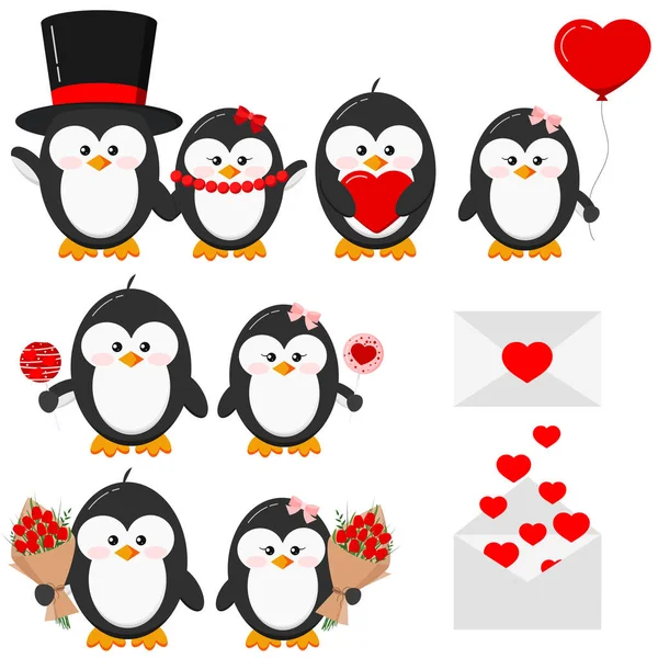 Cute Lovely Penguin Boy Girl Couple Love Set Isolated White — Stock Vector