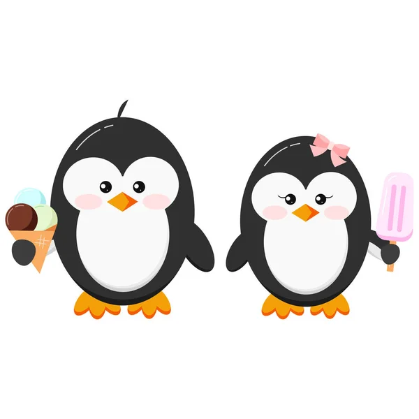 Милые Пингвины Мороженым Малыш Пингвин Мороженым Конус Девушка Розовым Ледяной — стоковый вектор