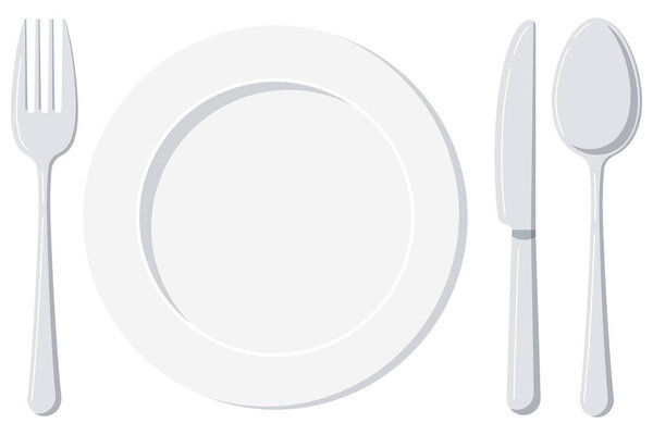 Пустая белая тарелка с ложкой, ножом и вилкой изолирована на белом фоне. Серебряные столовые приборы и керамическая плита дизайн шаблона. Векторный плоский дизайн
.