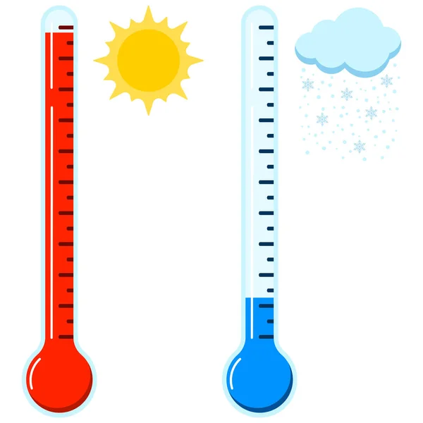 Hot Cold Thermometer Icon Set Hot Sunny Cold Snowy Weather — Stock Vector