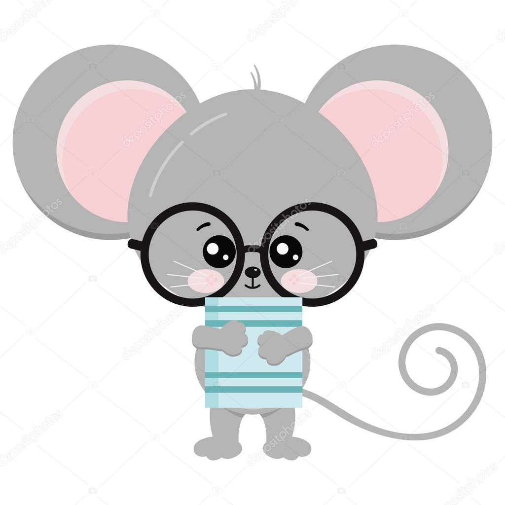 Cute mouse stand with glasses and book in paws vector icon illustration. Funny kawaii mice isolated on white background. Little baby rat. Animal adorable wildlife cartoon character.