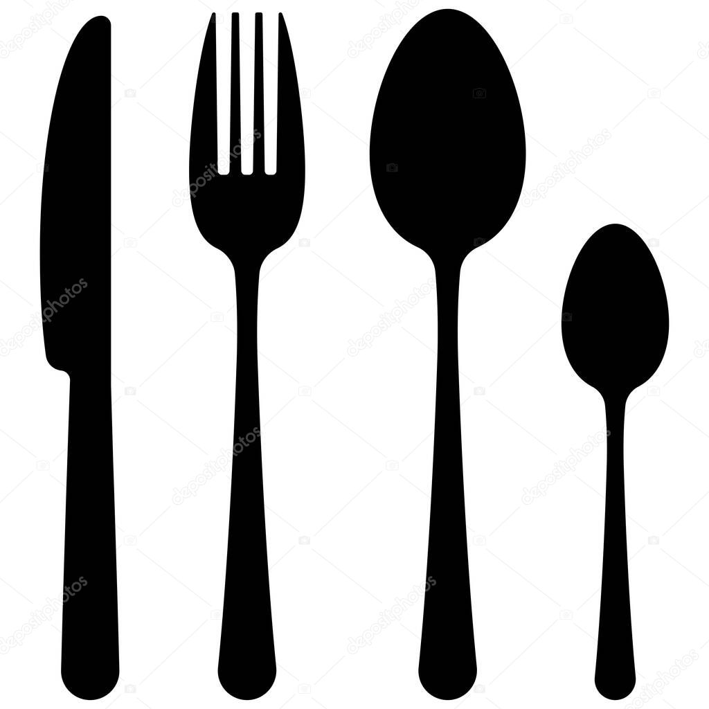 Black cutlery flat simple design icon set isolated on white background. Top view dark silhuette tableware - spoon, fork, knife, tea spoon shapes. Vector kitchenware symbol illustration.