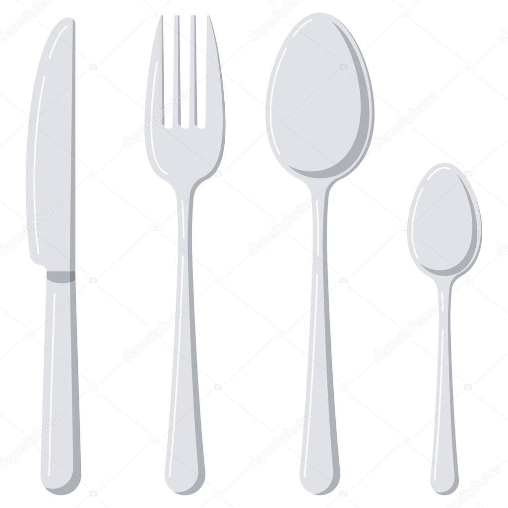 Cutlery flat design icon set isolated on white background. Top view silver tableware - spoon, fork, knife, tea spoon. Vector cartoon style kitchenware illustration.