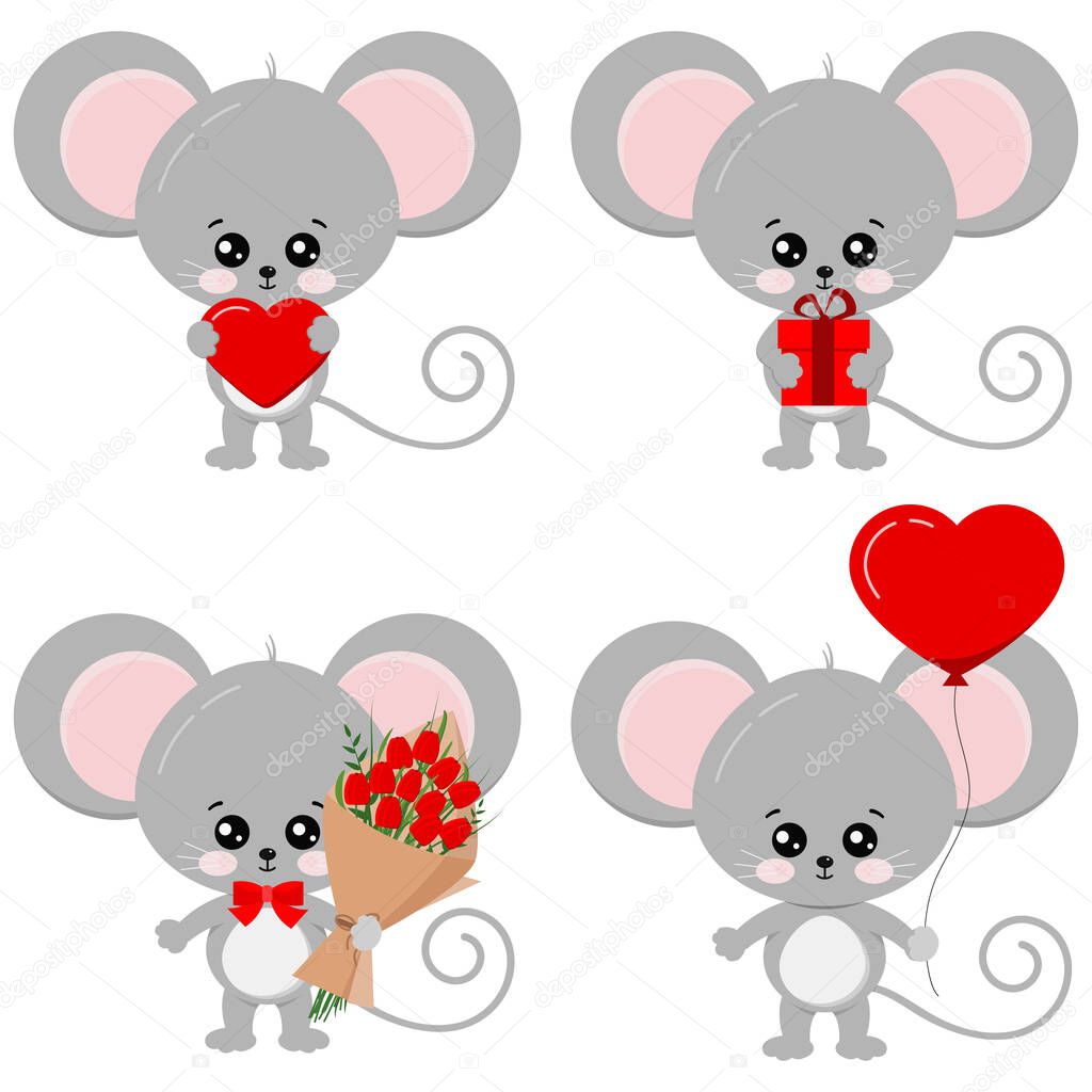 Cute lovely mouse set isolated on white background - with red heart, heart shape ballon, flowers, gift. Flat design Valentine s Day animal character vector illustration.