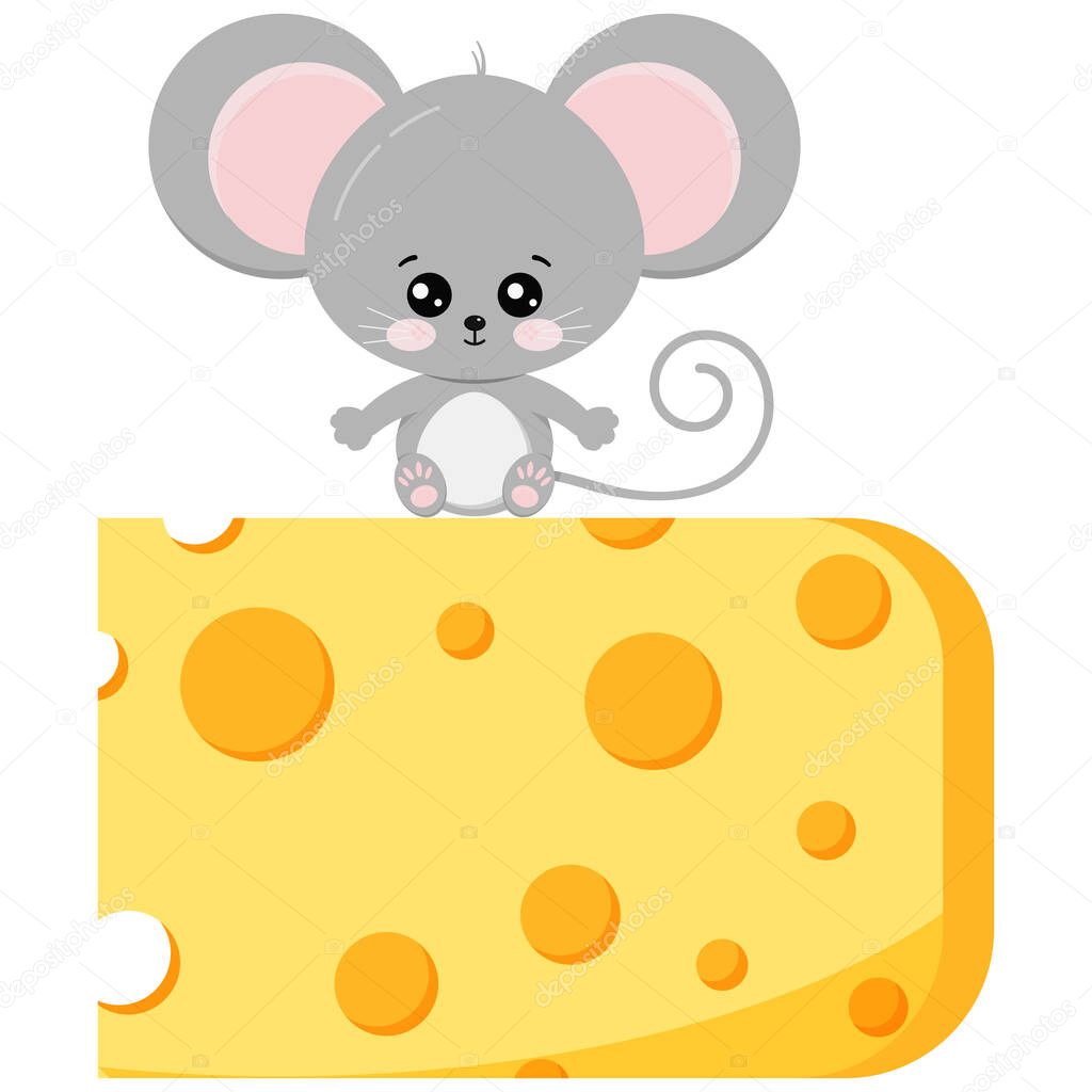 Cute baby mouse on piece of cheese vector flat design image isolated on white background. Little funny rat sits on delicious cheese. Cartoon style adorable animal character illustration.