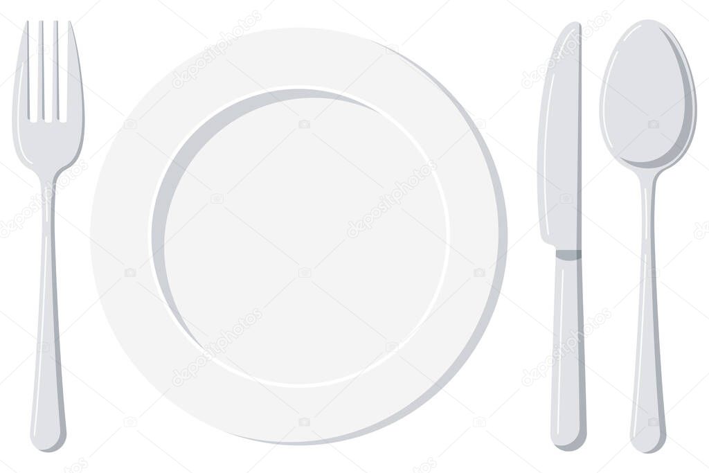 Empty white plate with spoon, knife and fork isolated on a white background. Top view silver cutlery and ceramic serving plate design template. Vector flat design cartoon style illustration.