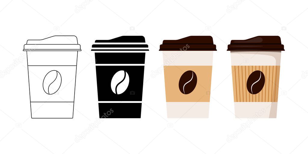 Coffee cup designed coffee grain with lid and kraft holder icon set isolated on white background. Disposable paper hot drink cup. Flat, line art simple black vector illustration take away pack sign