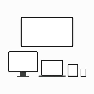 Bilgisayar masaüstü, dizüstü bilgisayar, tablet bilgisayar, akıllı telefon ya da cep telefonu, televizyon monitörü simgesi beyaz arkaplanda izole edildi. Beyaz ekran koleksiyonu olan elektronik cihazlar. Düz tasarım vektör çizimi.