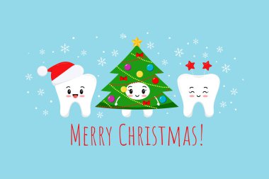 Güzel gülücük dişleri ve dişçi tebrik kartında Noel ağacı kostümü..