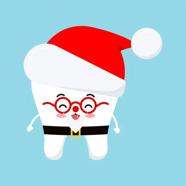 ฟันน่ารักในชุดซานตาคลอส ไอคอนหมวกแดงในสไตล์การ์ตูนแบนแยกจากพื้นหลังสีขาว . — ภาพเวกเตอร์สต็อก