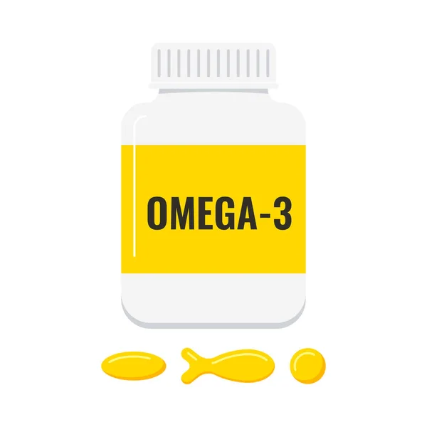 Fischöl Omega-3-Gel-Pille mit Plastikflasche isoliert auf weißem Hintergrund. — Stockvektor