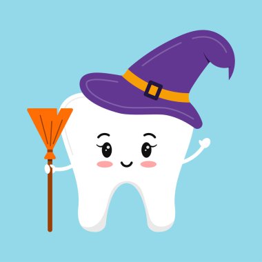 Mor sihirli şapkalı cadı dişi ve izole edilmiş süpürge vektör simgesi.