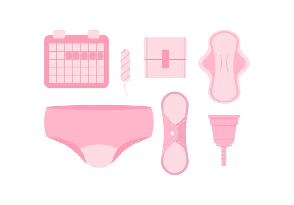 Servilleta sanitaria, almohadilla menstrual de las mujeres, calendario, tampón, almohadilla reutilizable, conjunto de vector de icono de calzoncillos menstruales aislado sobre fondo blanco . — Vector de stock