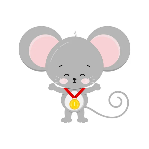 Lindo ratón con medalla de oro aislado sobre fondo blanco . — Archivo Imágenes Vectoriales