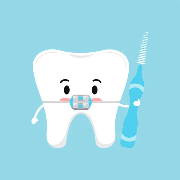 Dente bonito com aparelho dentário e escova interdental no conceito de higiene das mãos isolado em fundo azul . — Vetor de Stock