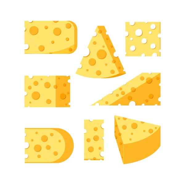 带有孔的奶酪，各种形状切片，向量集，在白色背景上隔离. — 图库矢量图片