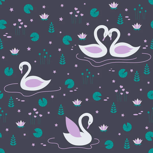 Swan pair on night lake with stars, water lilies, plants seamless pattern.