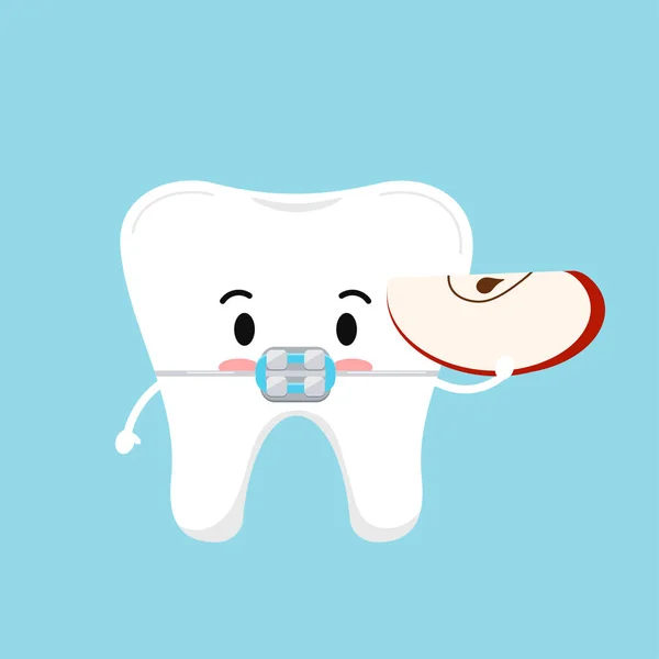 Słodki ząb z aparatem dentystycznym z jabłkiem część w dłoni emotikony charakter. — Wektor stockowy