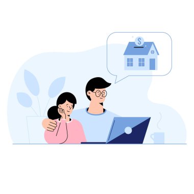 Evde oturan genç çift dizüstü bilgisayardan uygun ev kredisi seçeneğini seçiyor..