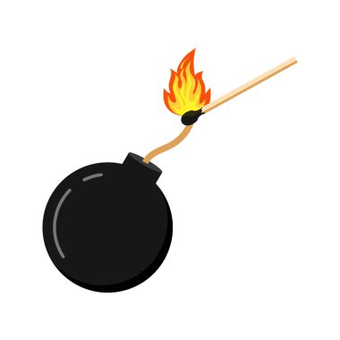 Bomba ve yanan kibrit kibrit düz tasarım simgesi beyaz arkaplanda izole.