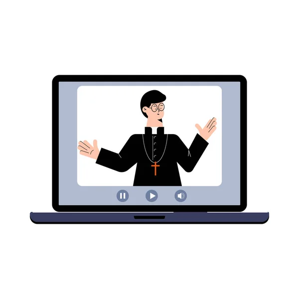 Pastore dà una lezione o sermone on-line sul computer portatile isolato su sfondo bianco. — Vettoriale Stock