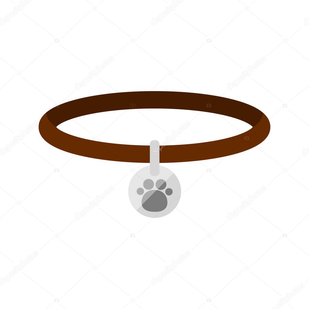Dog or cat collar with tag icon isolated on white background. Leather pet nacklace with animal paw sign on metal tag. Flat design cartoon style vectot illustration.