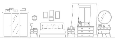 Mobilya çizgisi olan rahat yatak odası. İç dekorları beyaz arka planda izole edilmiş..