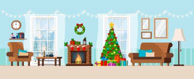 Konforlu Noel dekore edilmiş oturma odası iç mekan.